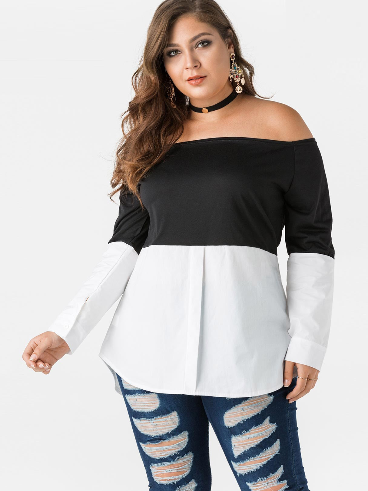 Wholesale Off The Shoulder Backless Long Sleeve Curved Stitching Hem Plus Size Tops