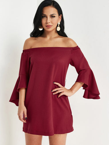 Wholesale Red Off The Shoulder 3/4 Sleeve Length Plain Dresses