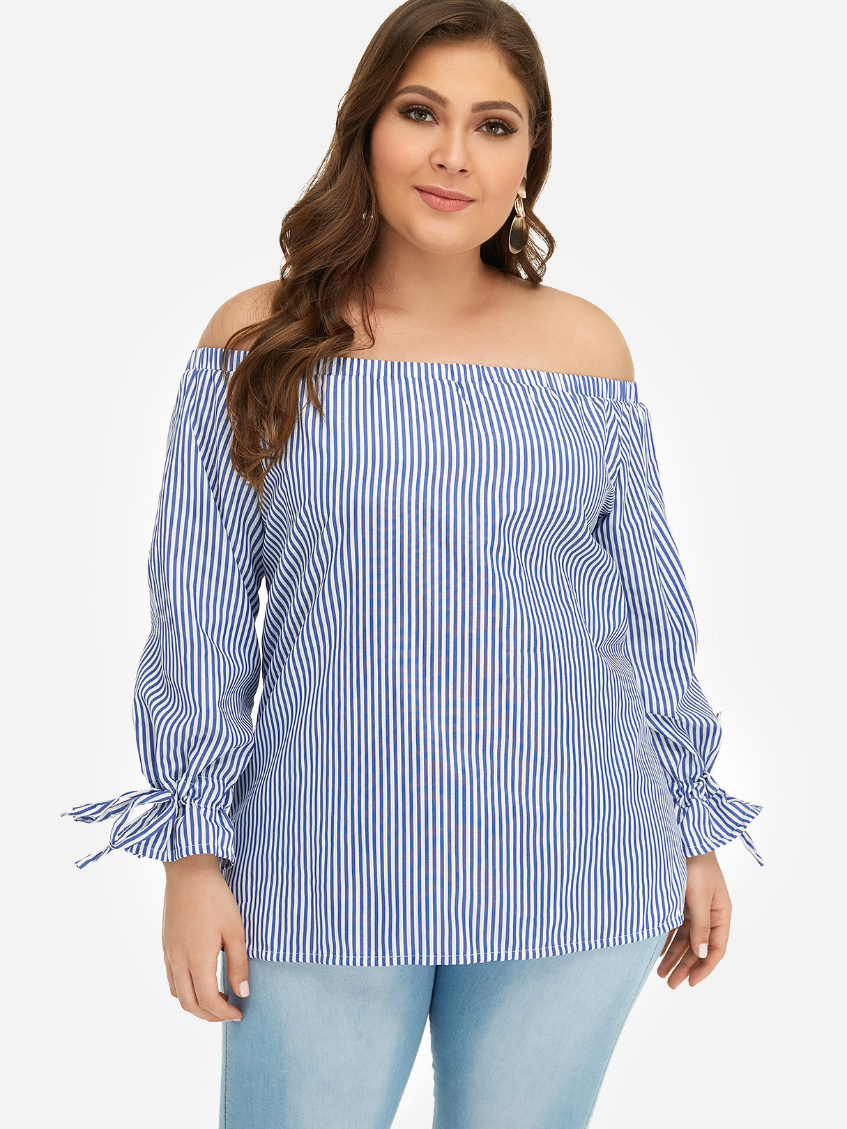 Wholesale Off The Shoulder Stripe Self-Tie Long Sleeve Plus Size Tops