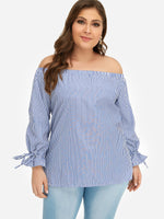 Wholesale Off The Shoulder Stripe Self-Tie Long Sleeve Plus Size Tops