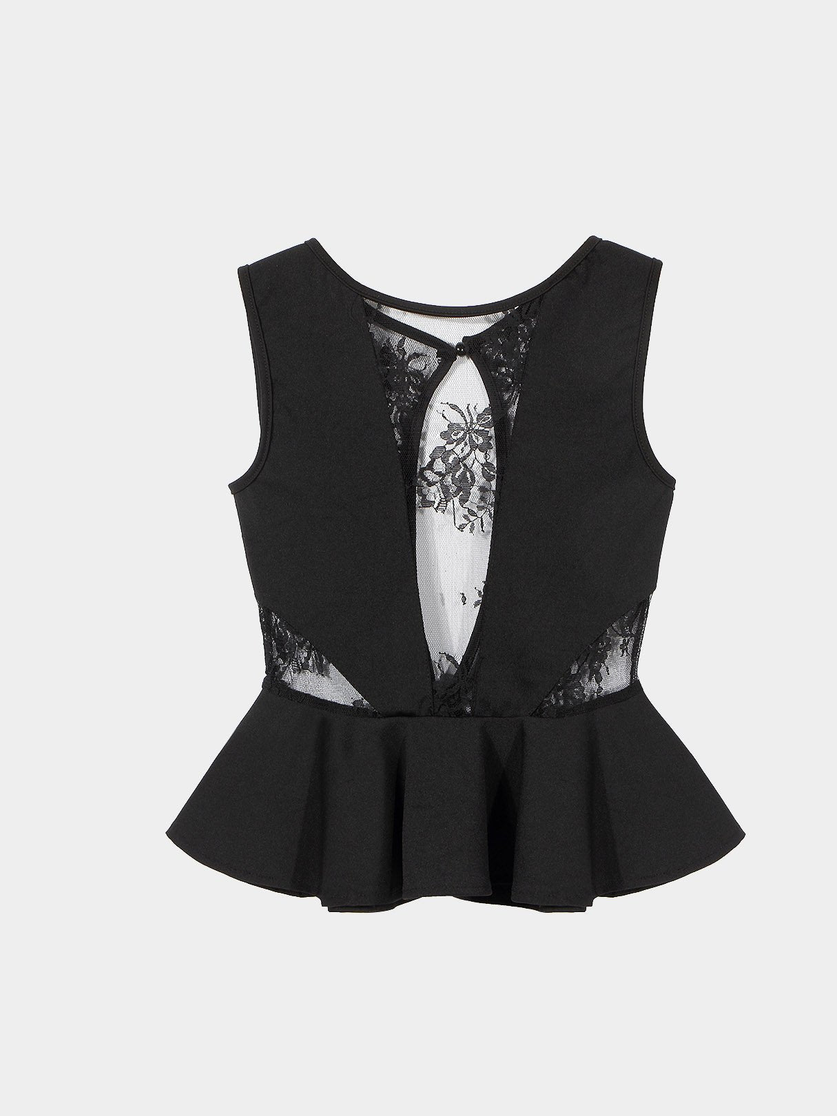Wholesale Peplum Hem Black Top With Mesh Splicing