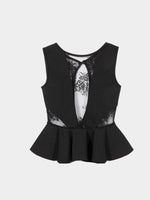 Wholesale Black Peplum Hem Top With Mesh Splicing