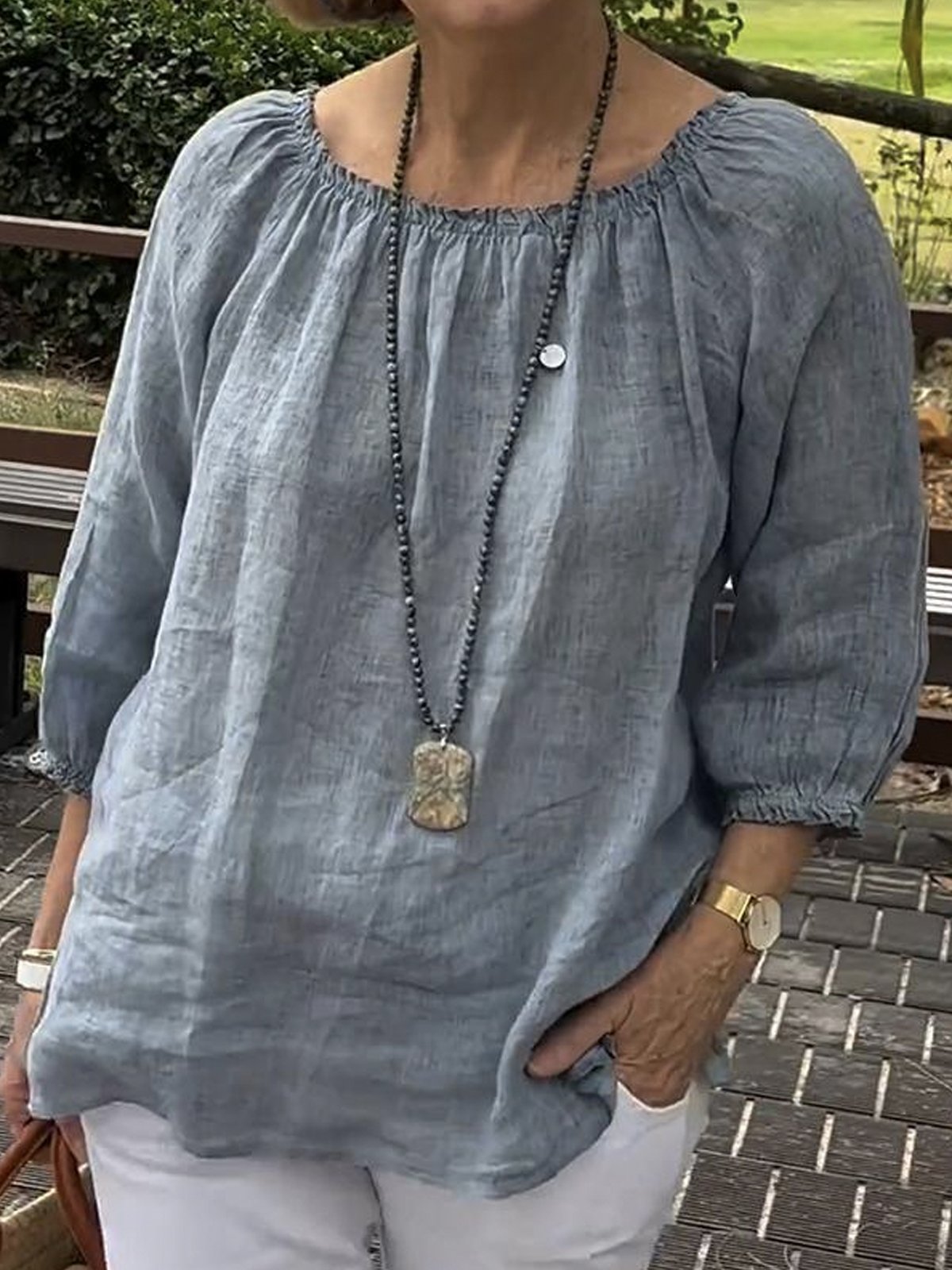 Loose Half Sleeve Crew Neck Plain Casual Regular Blouse