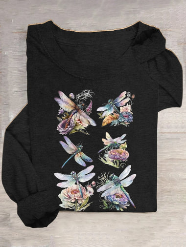 Casual Long Sleeve Crew Neck Floral Dragonfly Loose Regular T-Shirt