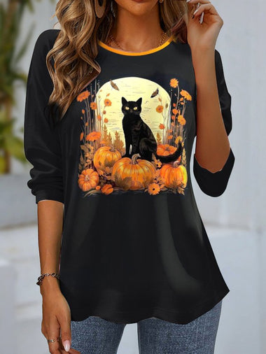Casual Long Sleeve Crew Neck Cat Loose Regular Blouse