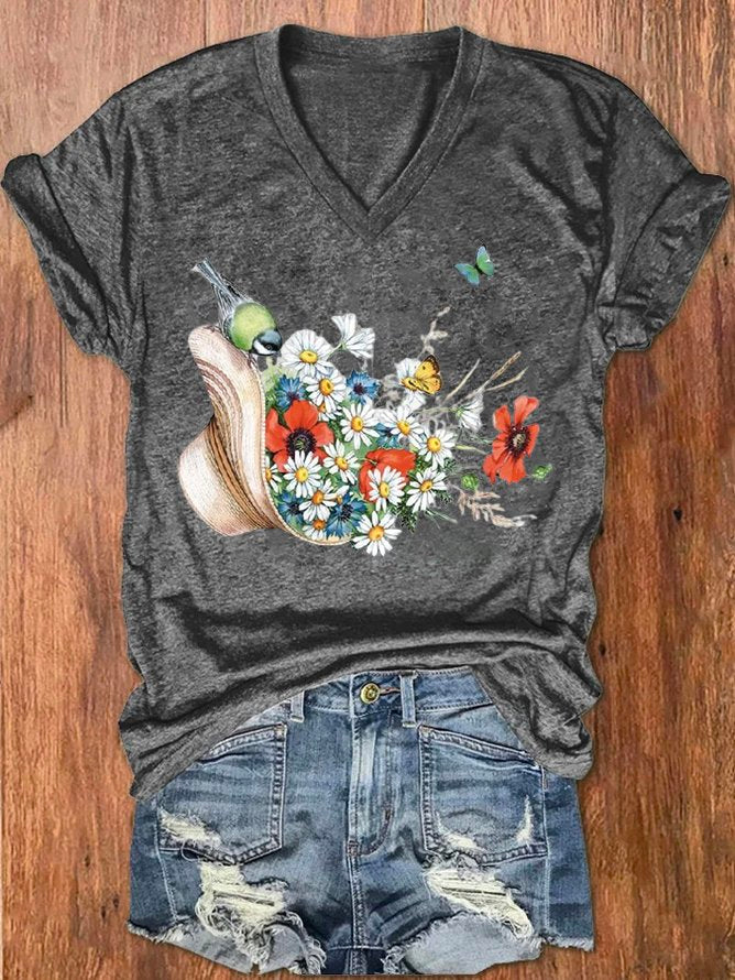 Casual Short Sleeve V Neck Floral Loose Regular T-Shirt