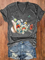 Casual Short Sleeve V Neck Floral Loose Regular T-Shirt