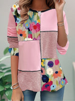 Casual Long Sleeve Crew Neck Floral Color Block Loose Regular T-Shirt