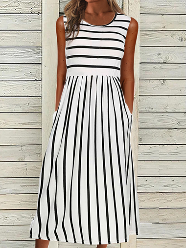 Casual Sleeveless Crew Neck Striped Maxi Dress