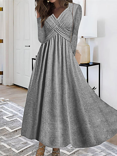 Casual Long Sleeve V Neck Plain Loose Maxi Dress