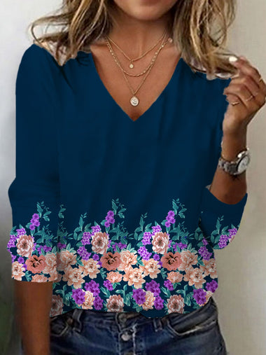 Casual Long Sleeve V Neck Floral Regular T-Shirt