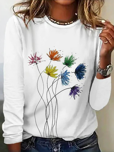 Casual Long Sleeve Crew Neck Floral Loose Regular T-Shirt