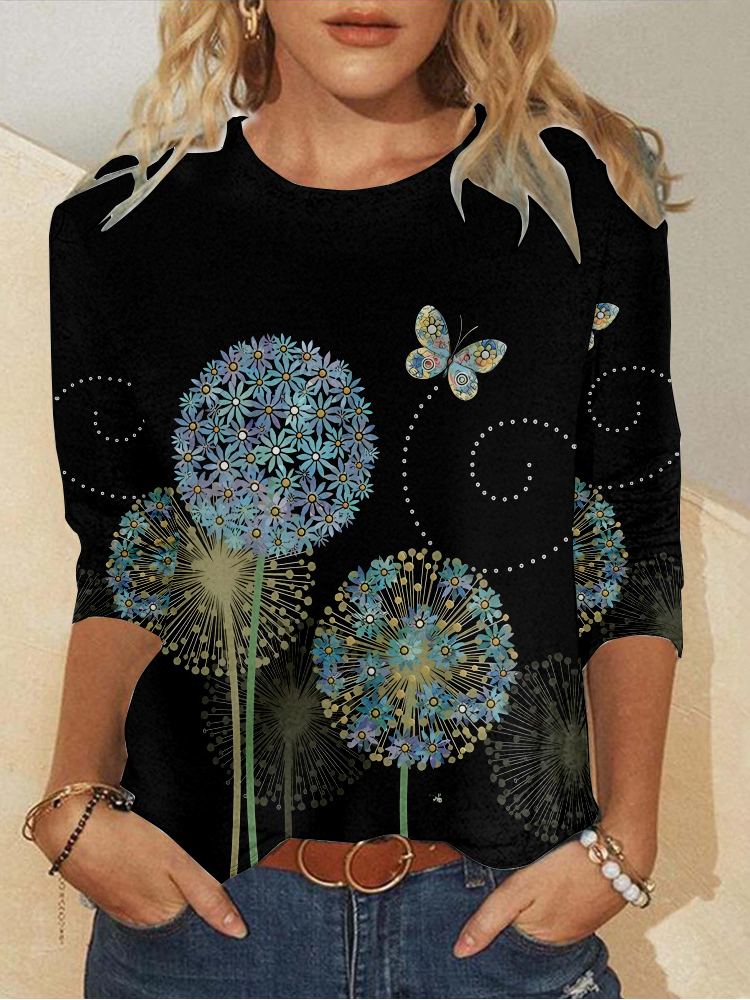 Casual Long Sleeve Crew Neck Floral Loose Regular T-Shirt