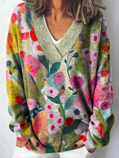 Vintage Long Sleeve V Neck Floral Loose Regular Sweater