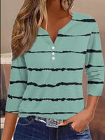 Casual Three Quarter Sleeve Notched Abstract Stripes Loose Regular T-Shirt