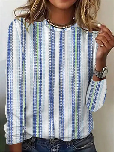 Casual Long Sleeve Crew Neck Striped Loose Regular T-Shirt