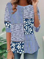 Loose Long Sleeve Crew Neck Floral Striped Casual Regular Blouse