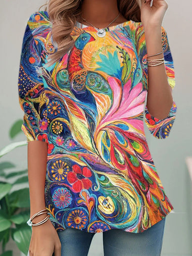 Casual Long Sleeve Crew Neck Abstract Loose Regular Blouse