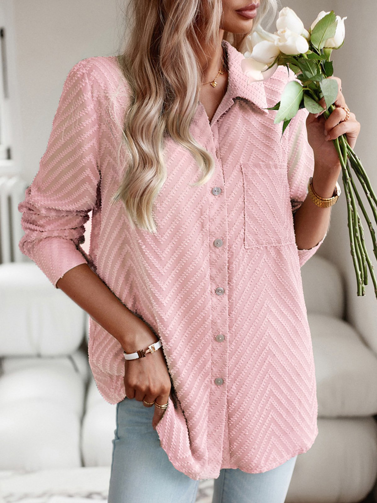 Casual Long Sleeve Shirt Collar Plain Loose Regular Shirt