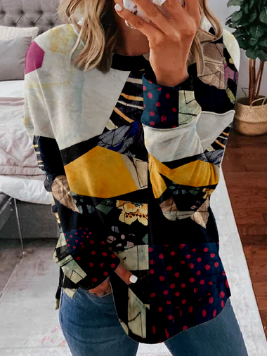 Loose Long Sleeve Crew Neck Abstract Zipper Casual Regular Sweatshirt