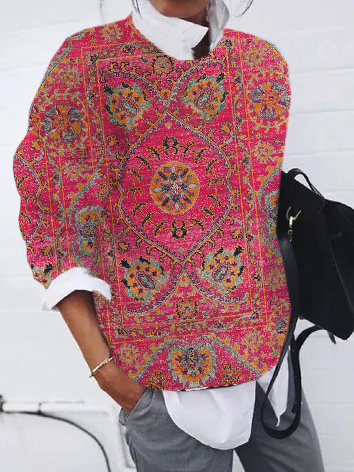 Casual Long Sleeve Crew Neck Ethnic Zipper Loose Regular Sweatshirt