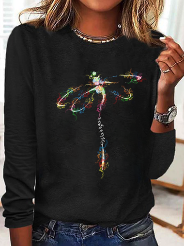 Casual Long Sleeve Crew Neck Dragonfly Loose Regular T-Shirt