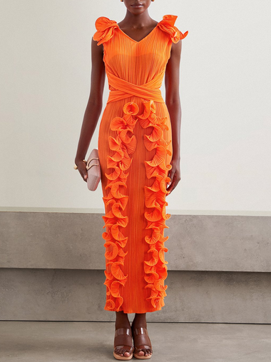 Elegant Short Sleeve V Neck Plain Ruched Maxi Dress