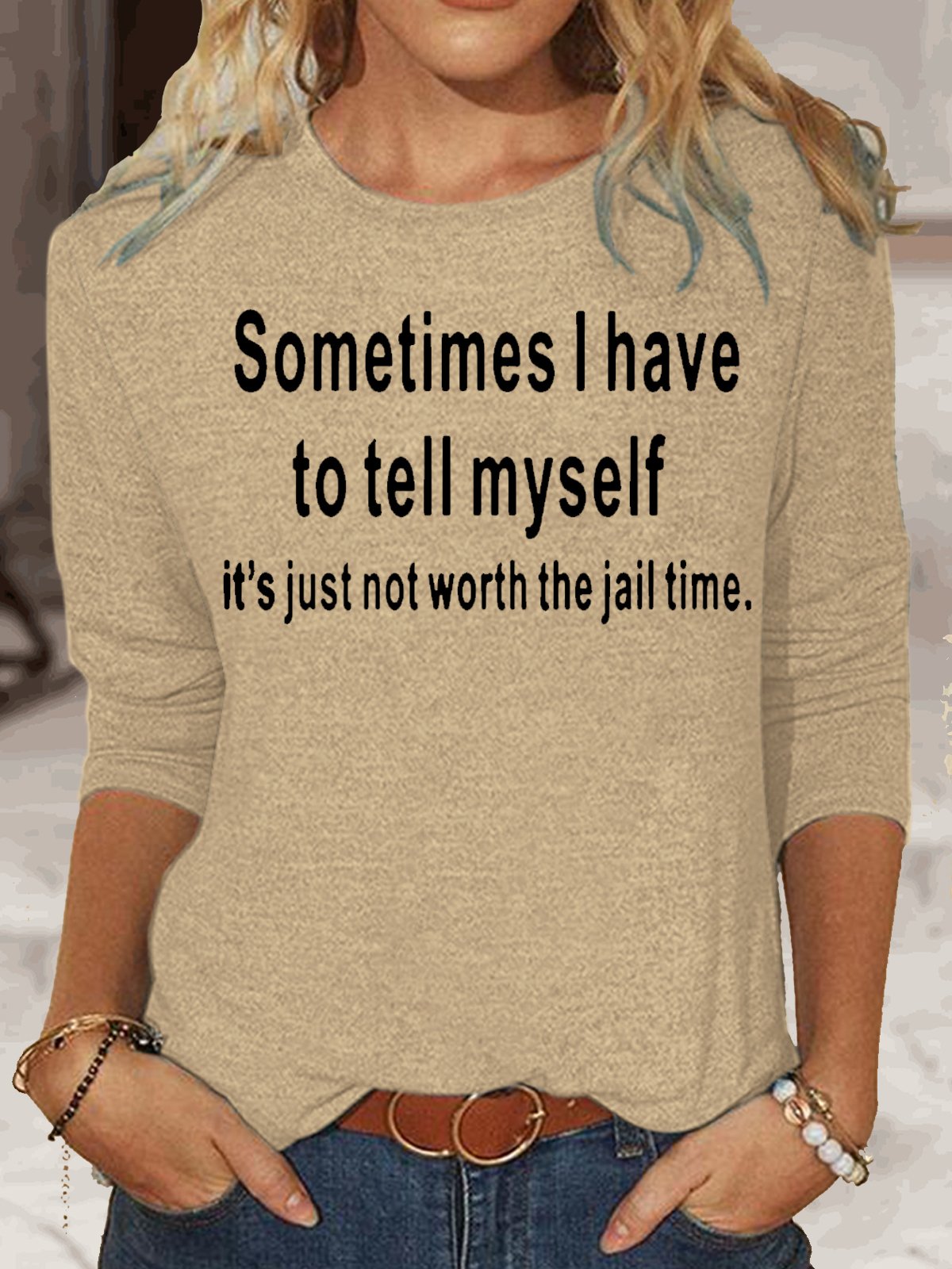 Long Sleeve Crew Neck Text Letters Casual Regular Blouse
