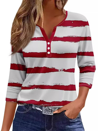 Loose Three Quarter Sleeve Crew Neck Striped Casual Regular Sweatshirt
