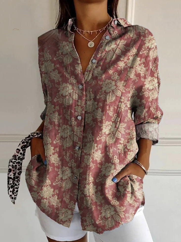 Loose Long Sleeve Shirt Collar Floral Casual Regular Shirt