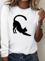 Loose Long Sleeve Crew Neck Cat Casual Regular T-Shirt