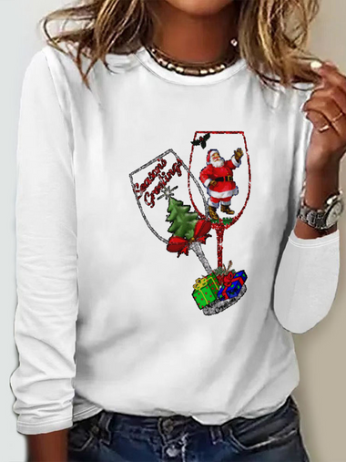 Loose Long Sleeve Crew Neck Christmas Wine Glass Casual Regular T-Shirt