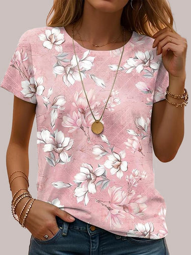 Loose Short Sleeve Crew Neck Floral Casual Regular T-Shirt
