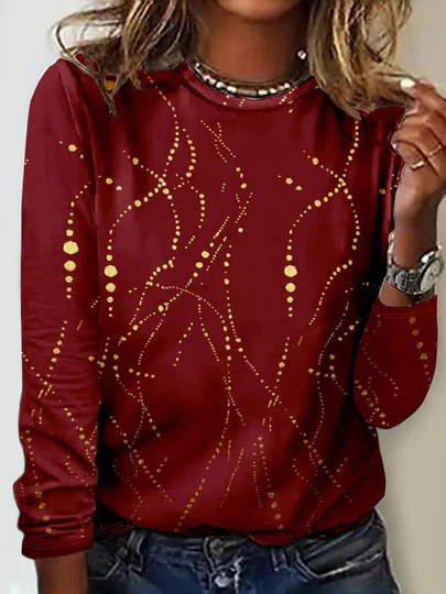 Loose Long Sleeve Crew Neck Geometric Casual Regular T-Shirt