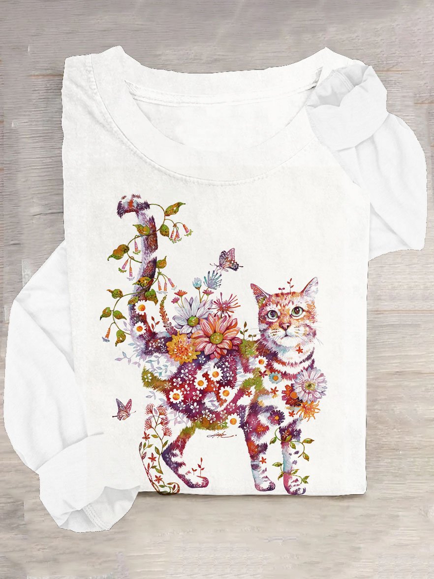 Casual Long Sleeve Crew Neck Floral Cat Loose Regular T-Shirt