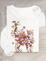 Casual Long Sleeve Crew Neck Floral Cat Loose Regular T-Shirt