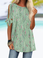 Loose Short Sleeve Crew Neck Floral Lace-Up Vacation Mid-Long Blouse
