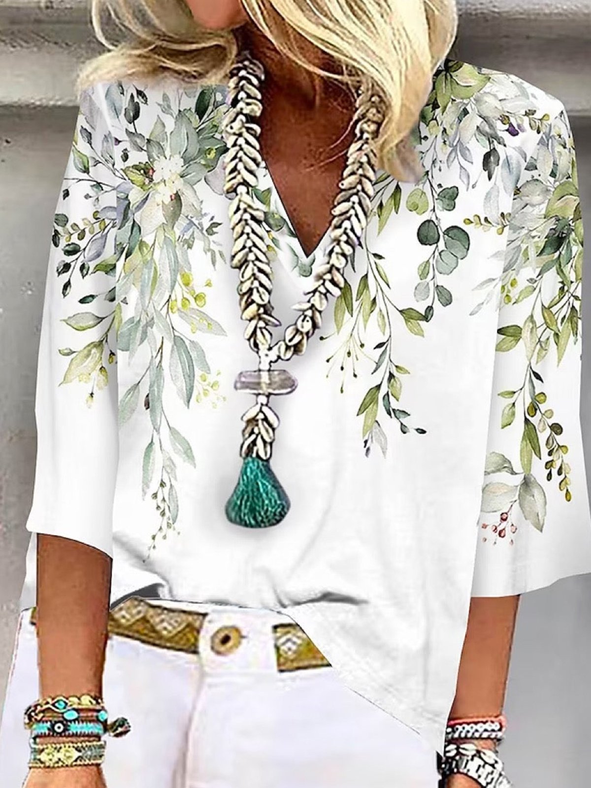 Loose Three Quarter Sleeve V Neck Floral Leaf Casual Regular Blouse