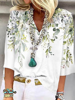 Loose Three Quarter Sleeve V Neck Floral Leaf Casual Regular Blouse