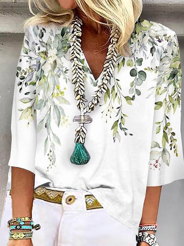 Loose Three Quarter Sleeve V Neck Floral Leaf Casual Regular Blouse