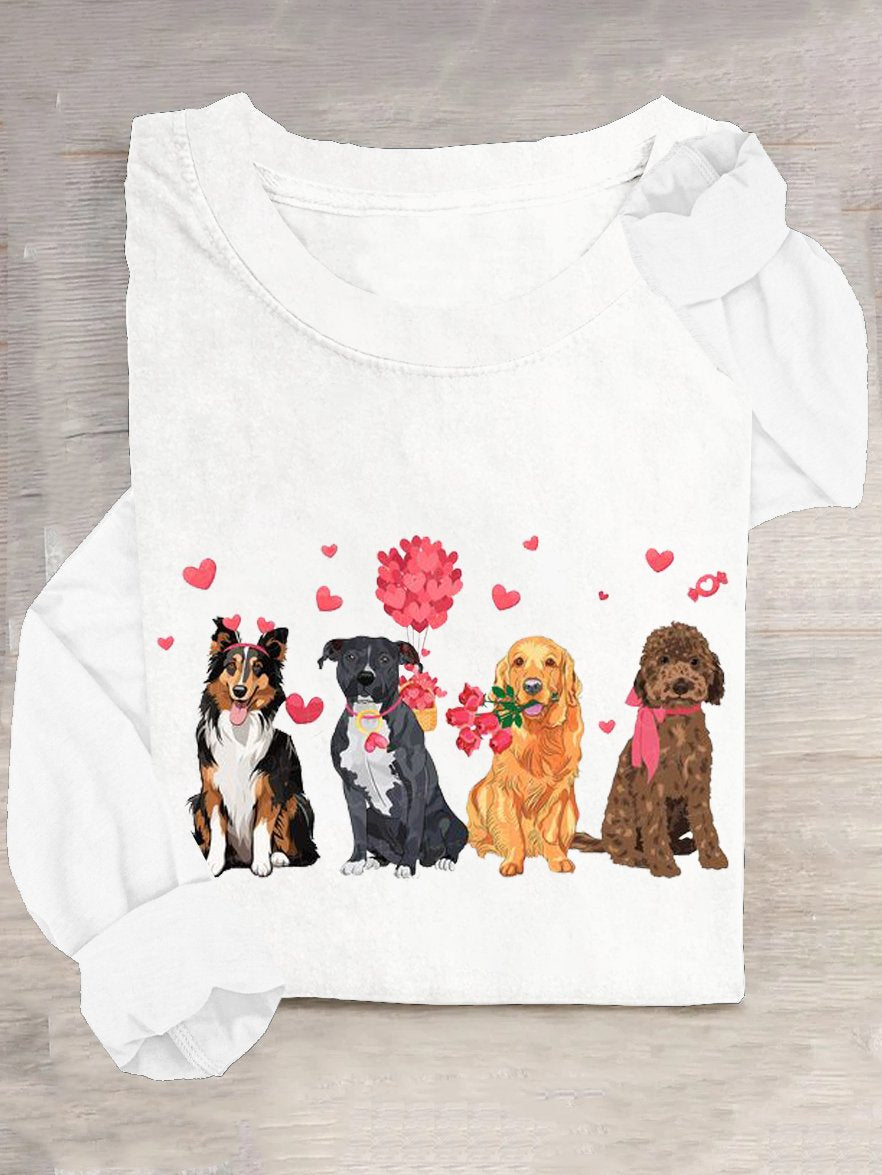 Loose Long Sleeve Crew Neck Dog Casual Regular T-Shirt