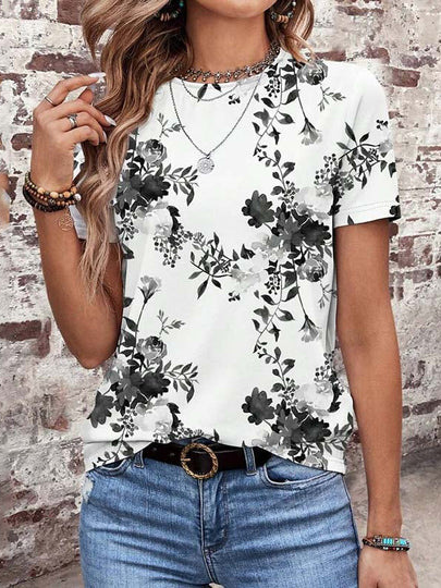 Loose Short Sleeve Crew Neck Floral Casual Regular T-Shirt