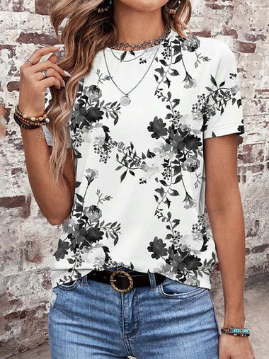 Loose Short Sleeve Crew Neck Floral Casual Regular T-Shirt