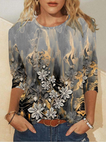 Casual Long Sleeve Crew Neck Floral Loose Regular T-Shirt