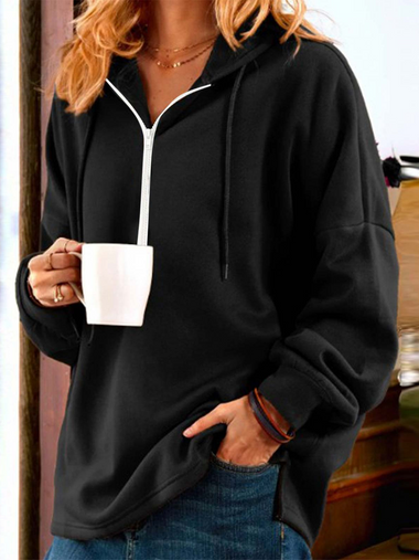 Casual Long Sleeve Hoodie Plain Zipper Loose Regular Sweatshirt