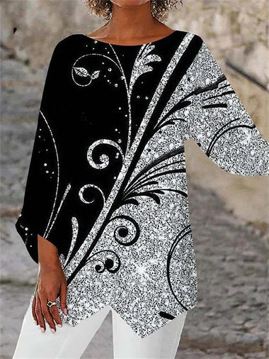 Loose Short Sleeve Crew Neck Abstract Casual Regular Blouse