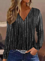 Casual Long Sleeve V Neck Striped Regular T-Shirt