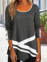 Casual Long Sleeve Crew Neck Color Block Loose Regular Blouse