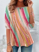 Loose Long Sleeve Crew Neck Abstract Stripes Casual Regular Blouse
