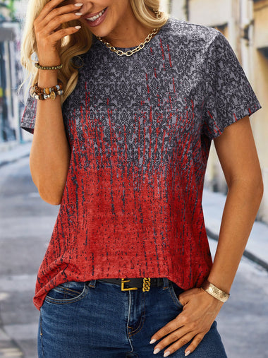 Casual Short Sleeve Crew Neck Ombre Loose Regular T-Shirt